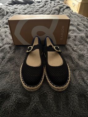 Rothy's Black Knit Mary Jane Espadrilles with Gold Buckle